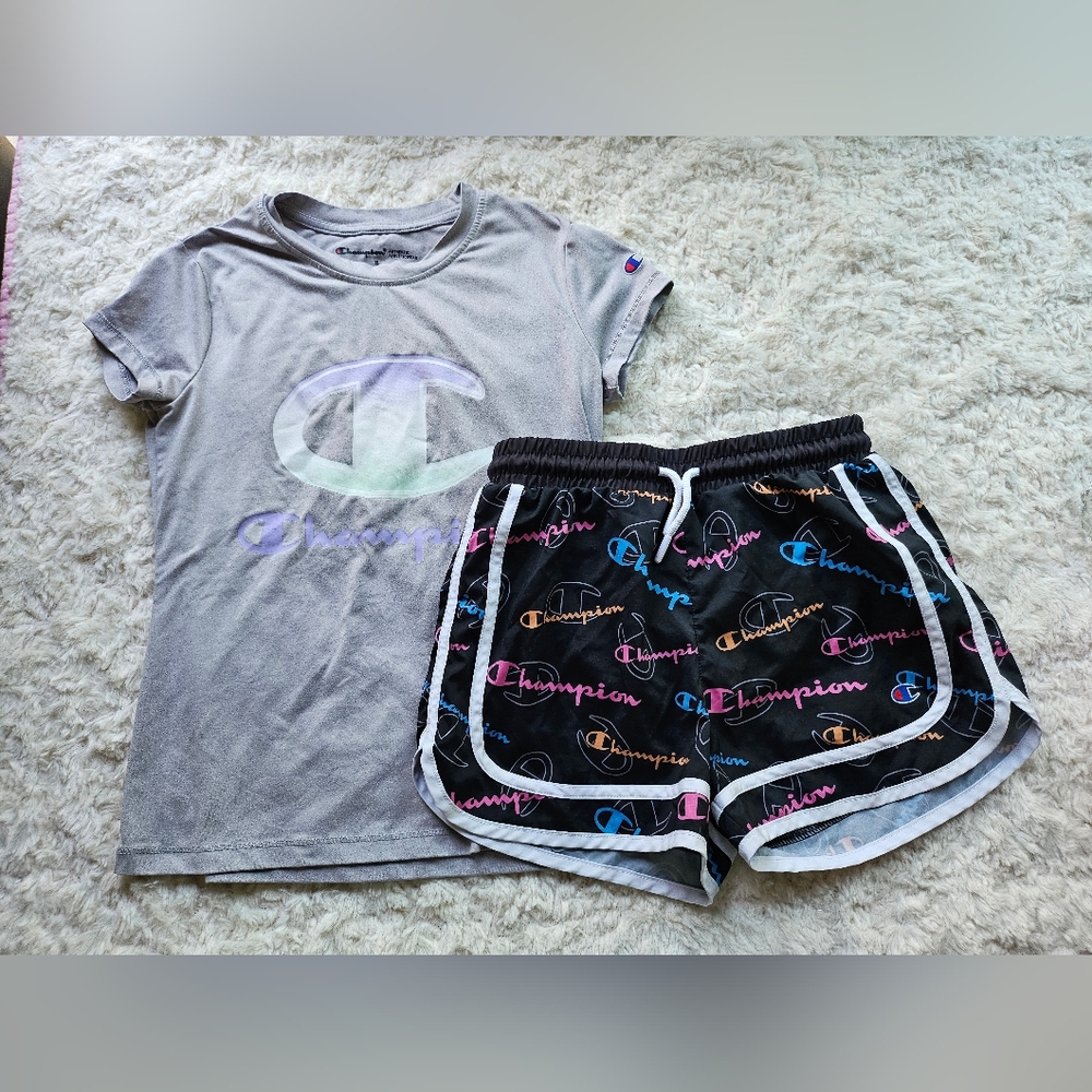 Champion Girls Shirt and Shorts, Black, Grey, Size 8